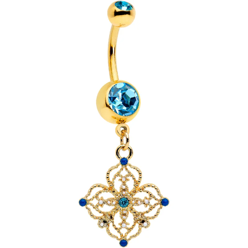 Comfortable Belly Rings with Bold Style -Blue Gem Gold Tone Texture Emblem Dangle Belly Ring Comfortable Belly Rings with Bold Style -Blue Gem Gold Tone Texture Emblem Dangle Belly Ring