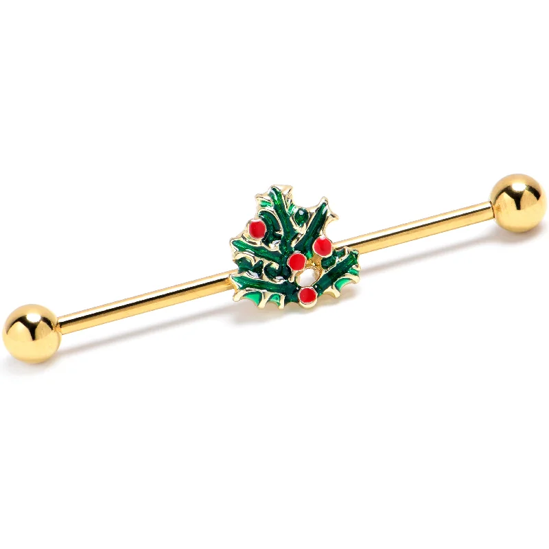 Women's Earrings – Elegant Designs for Every Personality--14 Gauge Gold Tone Festive Holly Sprig Industrial Barbell 38mm