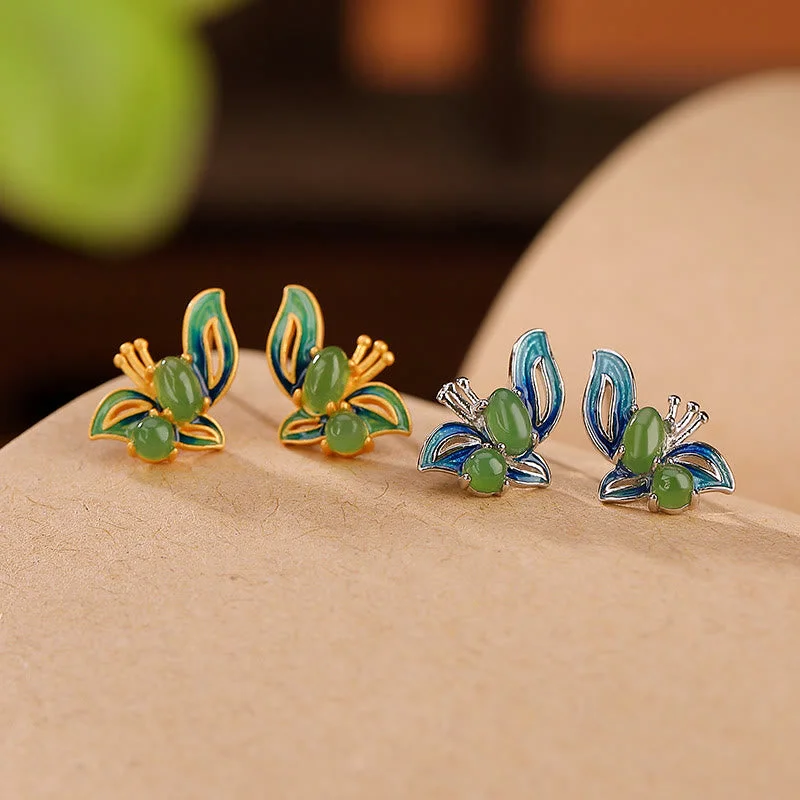 Women's Earrings – Elegant Designs for Every Personality--Buddha Stones 925 Sterling Silver Plated Gold Natural Cyan Jade Butterfly Luck Healing Earrings