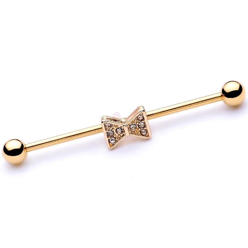Women's Earrings – Elegant Designs for Every Personality--14 Gauge Clear Gem Gold Tone Bow Tie Industrial Barbell 38mm