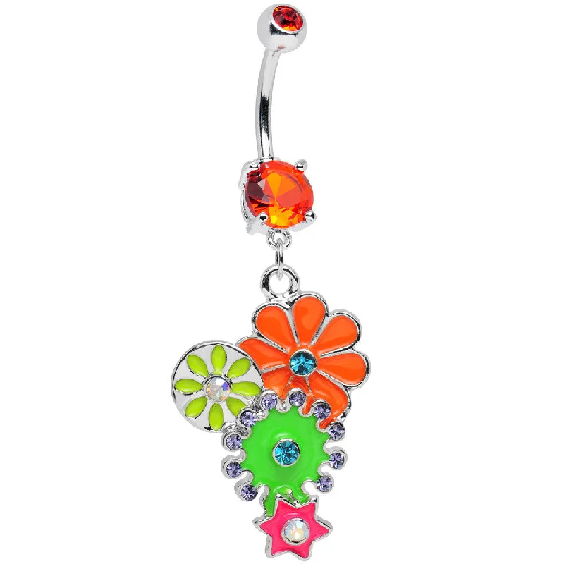Unique Belly Rings with Artistic Design -Orange Gem Bunches of Blossoms Colorful Flowers Dangle Belly Ring Unique Belly Rings with Artistic Design -Orange Gem Bunches of Blossoms Colorful Flowers Dangle Belly Ring