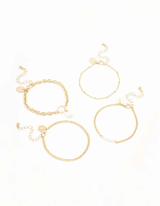 Modern Gold Bangles for Women-Gold Pearl & Chain Toggle Bracelets 4-Pack