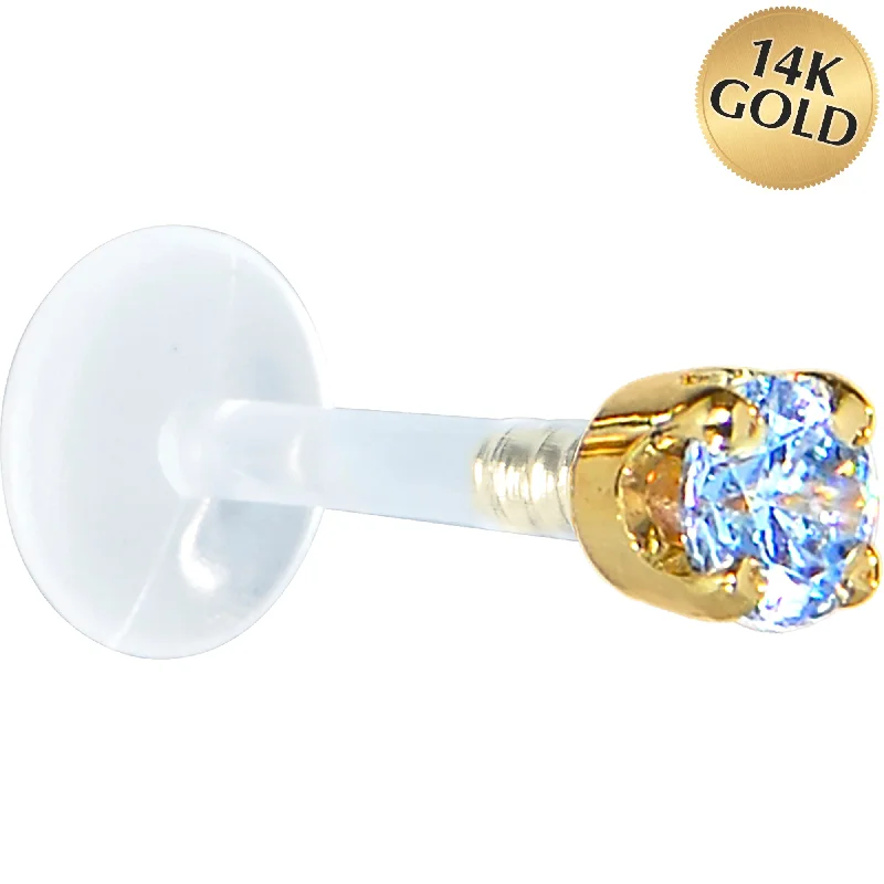Women's Earrings – Elegant Designs for Every Personality--16 Gauge 5/16 Solid 14KT Yellow Gold 3mm Plexi Blue Cubic Zirconia Bioplast Tragus Earring Stud