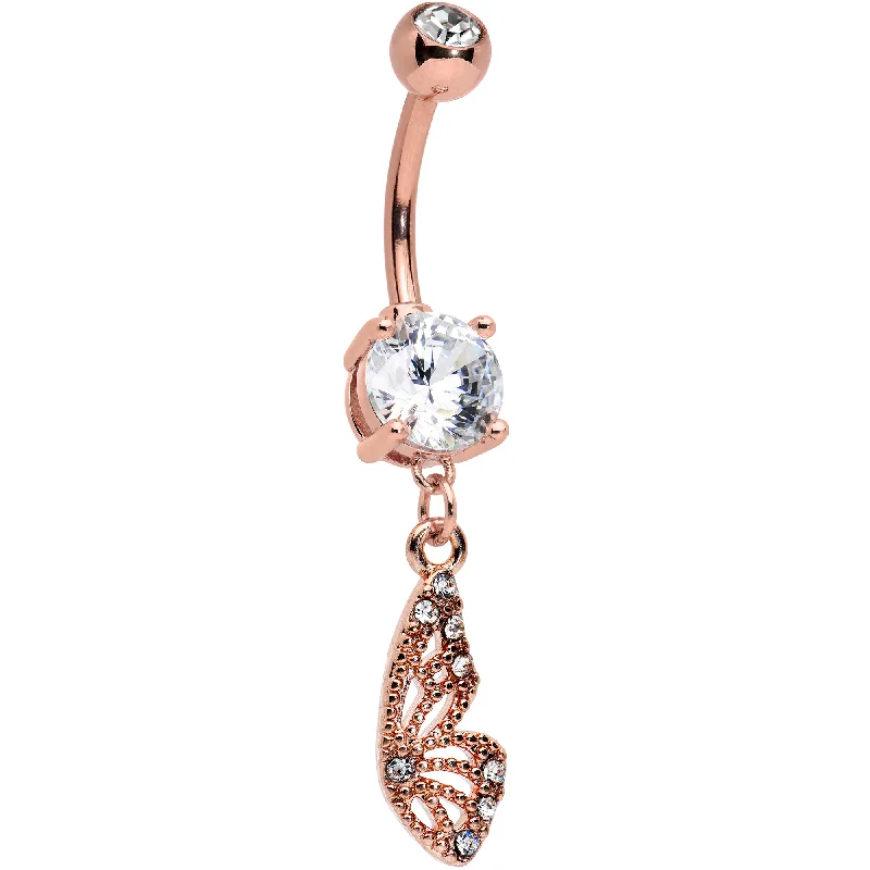 Classic Silver Belly Rings for Sleek Fashion -Clear Gem Rose Gold Tone Textured Butterfly Wing Dangle Belly Ring Classic Silver Belly Rings for Sleek Fashion -Clear Gem Rose Gold Tone Textured Butterfly Wing Dangle Belly Ring