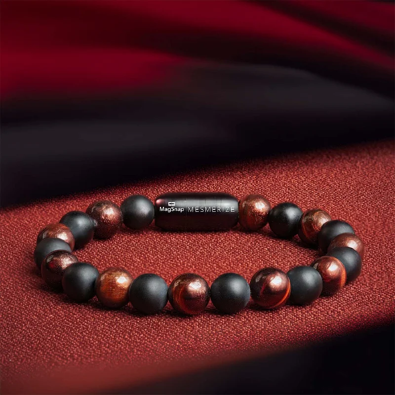Men's Bracelets with Durable Materials-Onyx Black and Red Tiger Natural Stone Bracelet with MagSnap 2