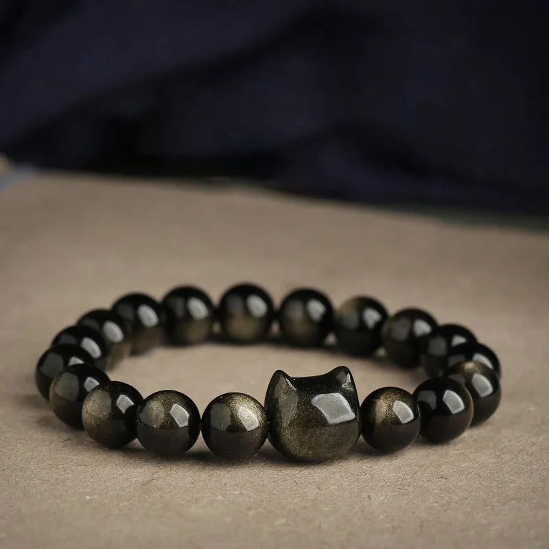 Men's Metal Chain Bracelets-Buddha Stones Gold Sheen Obsidian Silver Sheen Obsidian Lovely Paw Lucky Cat Protection Bracelet Men's Metal Chain Bracelets-Buddha Stones Gold Sheen Obsidian Silver Sheen Obsidian Lovely Paw Lucky Cat Protection Bracelet