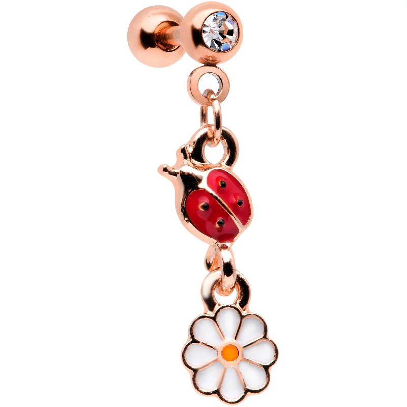 Women's Earrings – Elegant Designs for Every Personality--16 Gauge 1/4 Clear Gem Rose Gold Tone Ladybug Dangle Cartilage Tragus