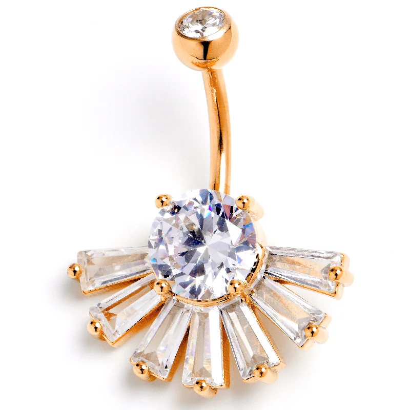 Belly Rings for Edgy Fashion -Clear CZ Gem Rose Gold Tone Deco Elegance Fan Belly Ring Belly Rings for Edgy Fashion -Clear CZ Gem Rose Gold Tone Deco Elegance Fan Belly Ring