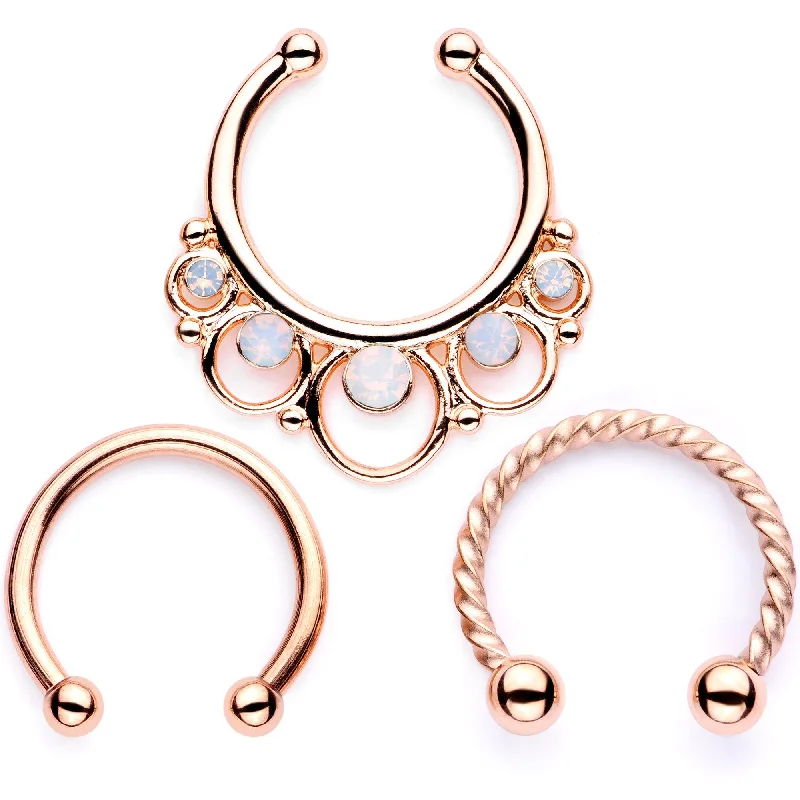 Trendy Nose Rings for a Bold Statement -16 Gauge White Faux Opal Rose Gold Tone Twisted Horseshoe Clip On Fake Septum Ring Set Trendy Nose Rings for a Bold Statement -16 Gauge White Faux Opal Rose Gold Tone Twisted Horseshoe Clip On Fake Septum Ring Set