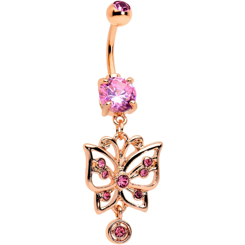 Beautiful Belly Rings with Elegant Touch -Pink CZ Gem Rose Gold Tone Butterfly Dangle Belly Ring Beautiful Belly Rings with Elegant Touch -Pink CZ Gem Rose Gold Tone Butterfly Dangle Belly Ring