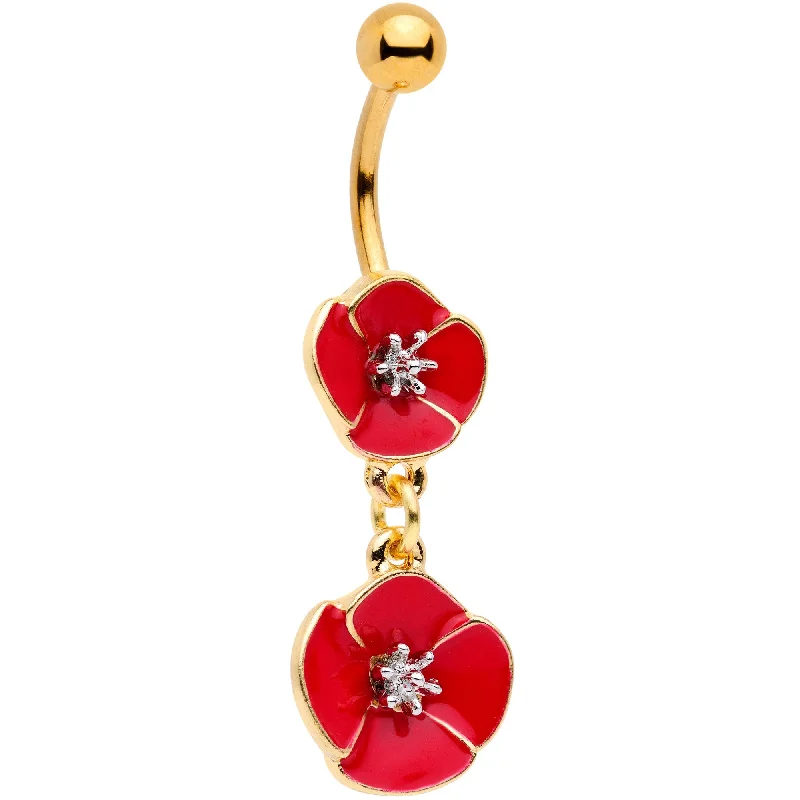 Unique Belly Rings with Shiny Detailing -Gold Tone Fashionable Red Flower Chain Dangle Belly Ring Unique Belly Rings with Shiny Detailing -Gold Tone Fashionable Red Flower Chain Dangle Belly Ring