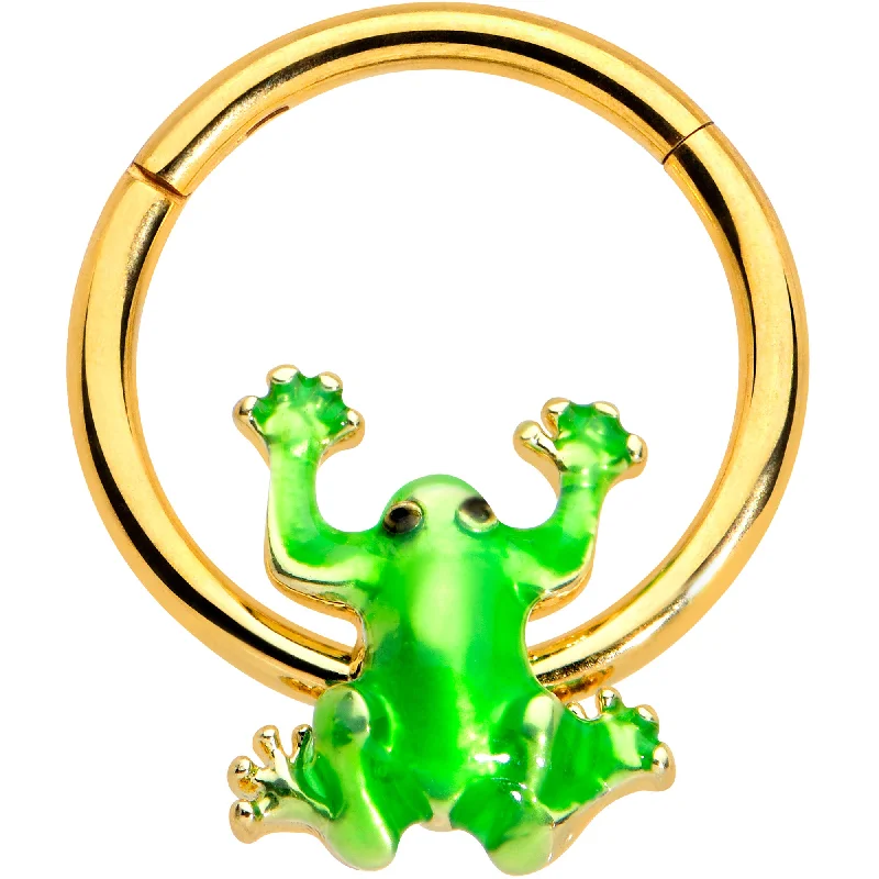 Designer Nose Rings -16 Gauge 3/8 Gold Tone Green Tree Frog Hinged Segment Ring