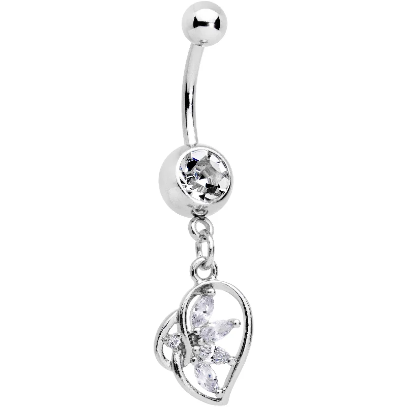 Sparkling Belly Rings with Beautiful Stone Work -Clear CZ Gem Twisted Heart Splash Dangle Belly Ring Sparkling Belly Rings with Beautiful Stone Work -Clear CZ Gem Twisted Heart Splash Dangle Belly Ring