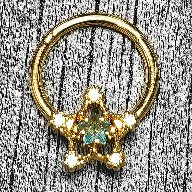 Trendy and Comfortable Nose Rings -16 Gauge 3/8 Blue Clear Gem Gold Tone Starry Glam Hinged Segment Ring Trendy and Comfortable Nose Rings -16 Gauge 3/8 Blue Clear Gem Gold Tone Starry Glam Hinged Segment Ring