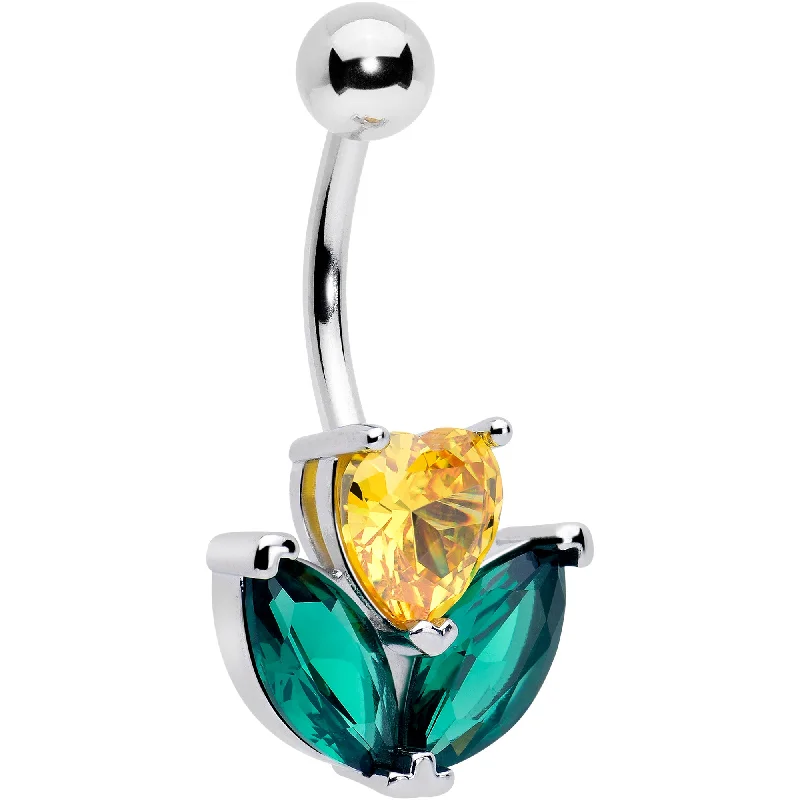 Comfortable Belly Rings with Vibrant Colors -Green Yellow CZ Gem Love Flower Belly Ring Comfortable Belly Rings with Vibrant Colors -Green Yellow CZ Gem Love Flower Belly Ring