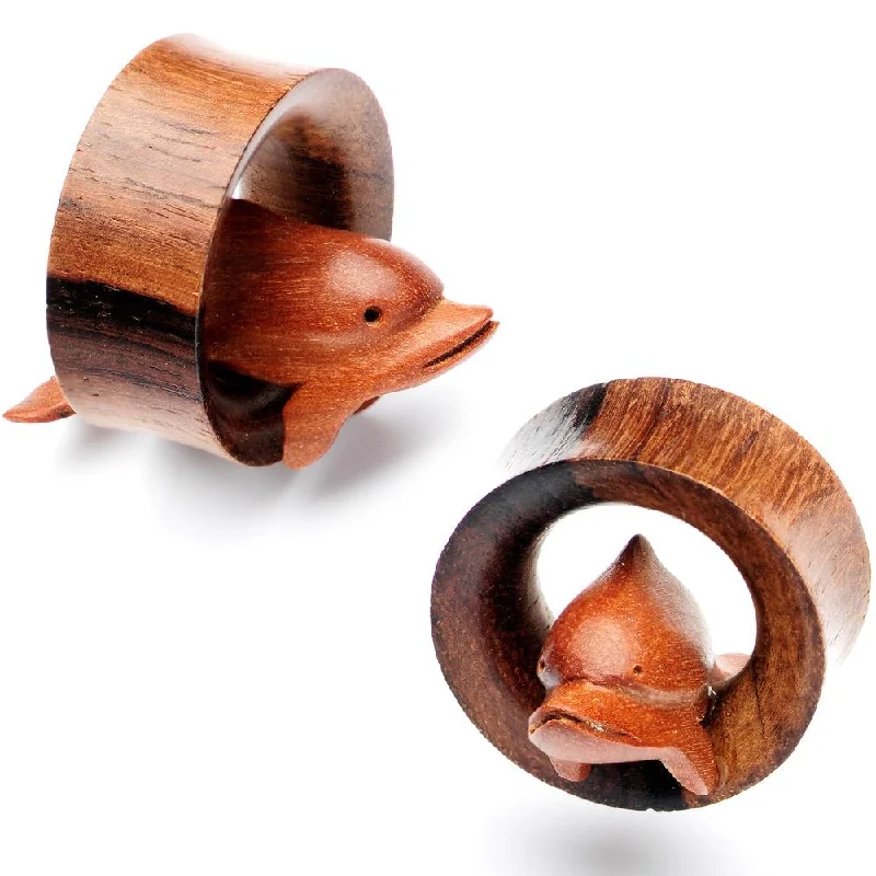 Women's Earrings – Elegant Designs for Every Personality--1 inch Organic Sawo and Sono Wood Set of Leaping Dolphin Tunnel Set