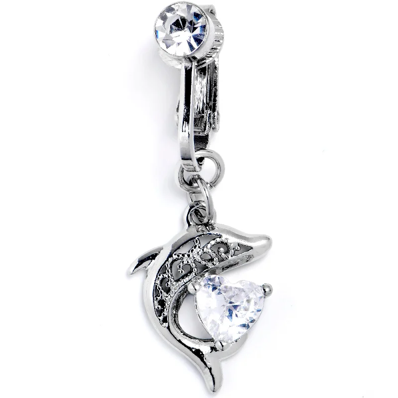 Comfortable Belly Rings for Casual Looks -Clear CZ Gem Dolphin Glam Dangle Clip on Fake Belly Ring Comfortable Belly Rings for Casual Looks -Clear CZ Gem Dolphin Glam Dangle Clip on Fake Belly Ring