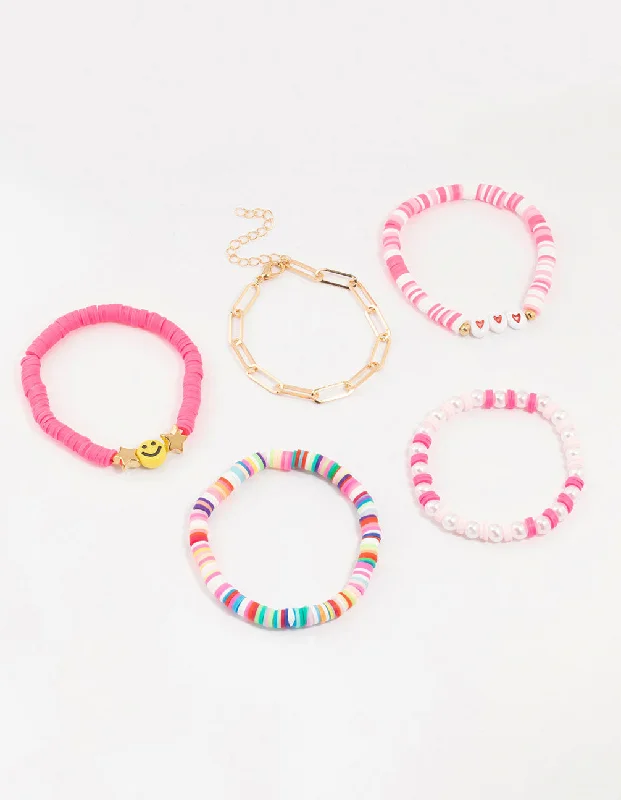 Unique Wedding Bangles for Women-Smiley & Heart Beaded Gold Bracelets 5-Pack