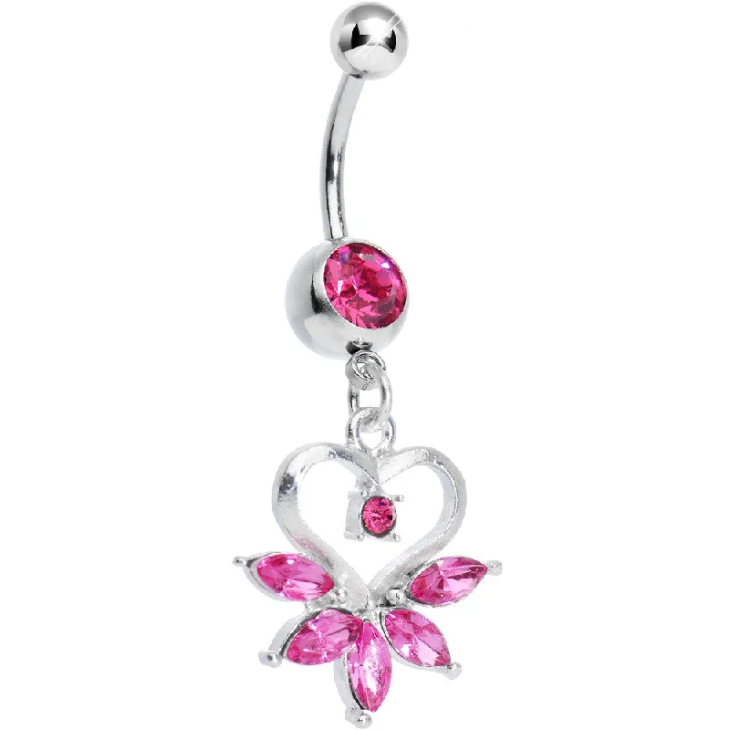 Beautiful Belly Rings for Glamorous Appeal -Pink Gem Marquise Pop Hollow Heart Dangle Belly Ring Beautiful Belly Rings for Glamorous Appeal -Pink Gem Marquise Pop Hollow Heart Dangle Belly Ring