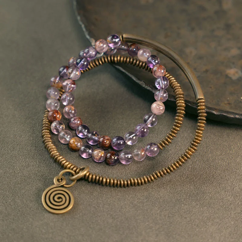 Designer Bracelets for Men-Buddha Stones Purple Phantom Red Hematoid Quartz Green Rutilated Quartz Copper Love Forgive Bracelet Designer Bracelets for Men-Buddha Stones Purple Phantom Red Hematoid Quartz Green Rutilated Quartz Copper Love Forgive Bracelet