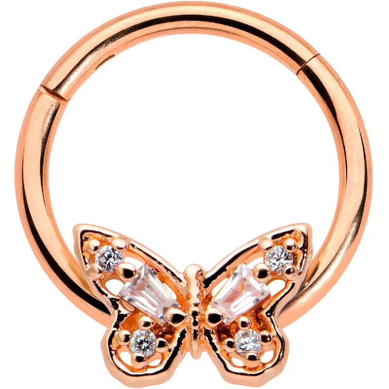 Nose Rings for Everyday Fashion -16 Gauge 3/8 Clear Gem Rosy Tone Baroque Butterfly Hinged Segment Ring Nose Rings for Everyday Fashion -16 Gauge 3/8 Clear Gem Rosy Tone Baroque Butterfly Hinged Segment Ring