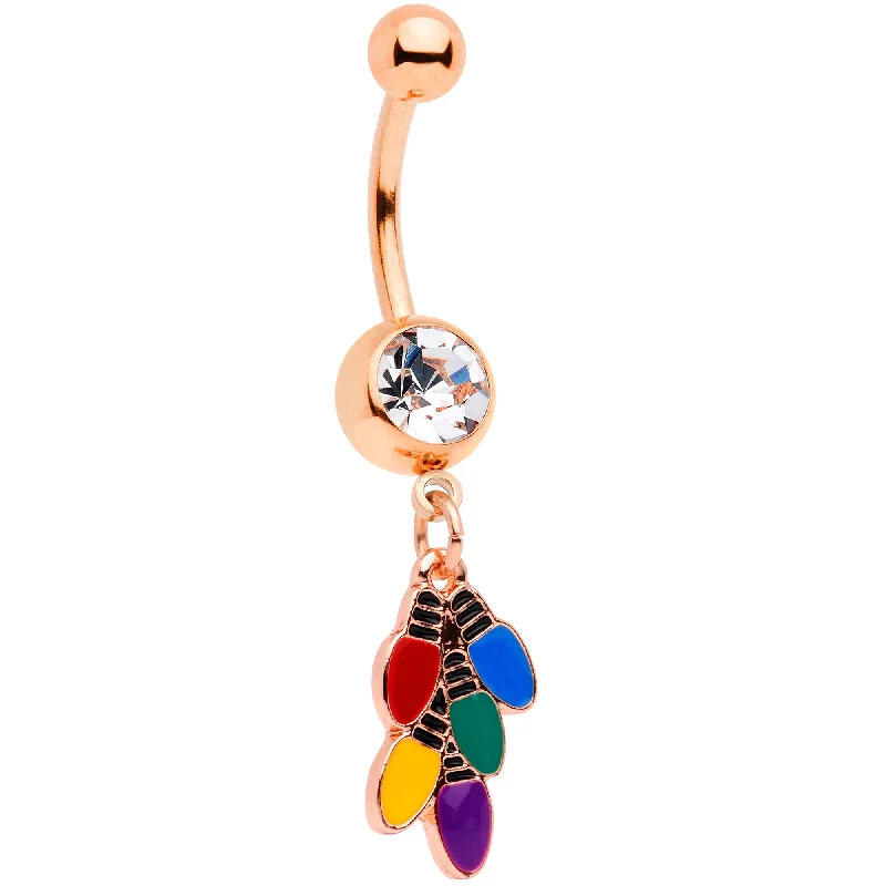 Belly Rings with Stone Accents for Elegant Style -Clear Gem Rose Gold Tone Christmas Lights Holiday Dangle Belly Ring Belly Rings with Stone Accents for Elegant Style -Clear Gem Rose Gold Tone Christmas Lights Holiday Dangle Belly Ring