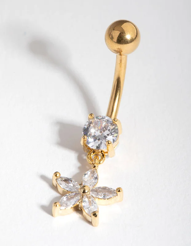 Designer Belly Rings with Artistic Appeal -Gold Cubic Zirconia Flower Drop Belly Ring Designer Belly Rings with Artistic Appeal -Gold Cubic Zirconia Flower Drop Belly Ring