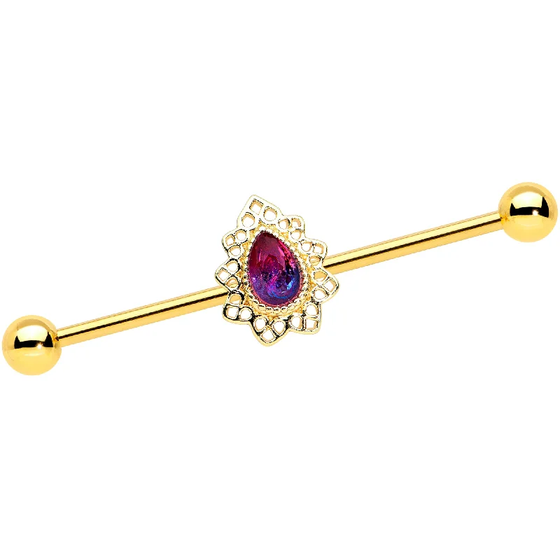 Women's Earrings – Elegant Designs for Every Personality--14 Gauge Purple Tourmaline Gold Tone Drop Industrial Barbell 38mm
