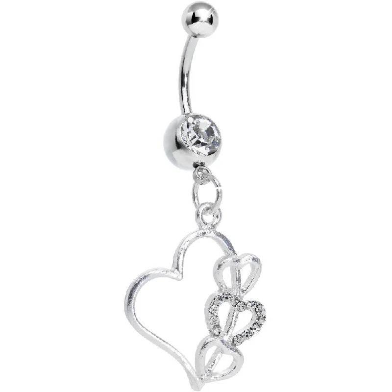 Belly Rings with Vintage Charm -Clear Gem Hollow Heart Triple Dangle Belly Ring