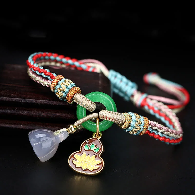 Elegant Bangles for Women-Buddha Stones Colorful Rope Chalcedony Lotus Jade Peace Buckle Harmony Gourd Charm Bracelet