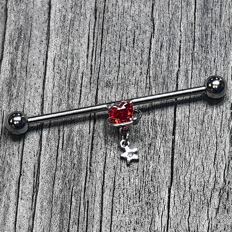 Women's Earrings – Elegant Designs for Every Personality--14 Gauge Red CZ Gem Starry Saturn Heart Dangle Industrial Barbell 38m