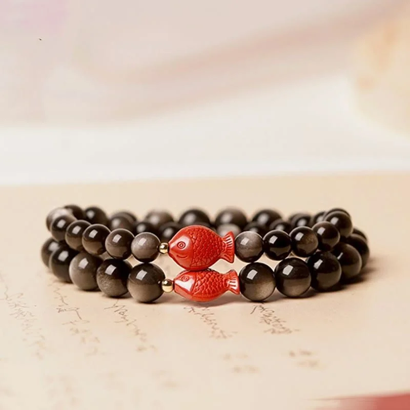 Classic Cuff Bracelets for Men with Simple Styles-Buddha Stones Natural Silver Sheen Obsidian Cinnabar Koi Fish Soothing Protection Bracelet Classic Cuff Bracelets for Men with Simple Styles-Buddha Stones Natural Silver Sheen Obsidian Cinnabar Koi Fish Soothing Protection Bracelet