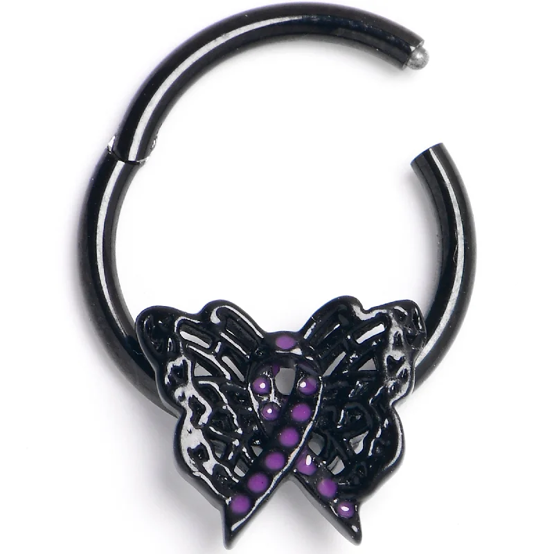 Nose Rings with Oval Shape -16 Gauge 3/8 Black Purple Beauty in Flight Butterfly Hinged Segment Ring Nose Rings with Oval Shape -16 Gauge 3/8 Black Purple Beauty in Flight Butterfly Hinged Segment Ring