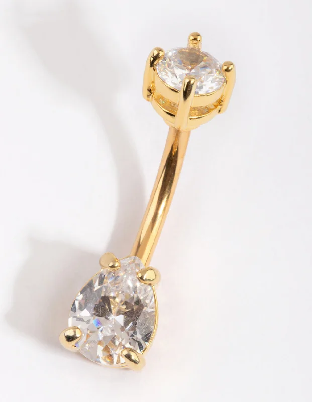 Trendy Belly Rings with Chic Finish -Gold Plated Titanium Pear Diamante Medium Belly Bar Trendy Belly Rings with Chic Finish -Gold Plated Titanium Pear Diamante Medium Belly Bar