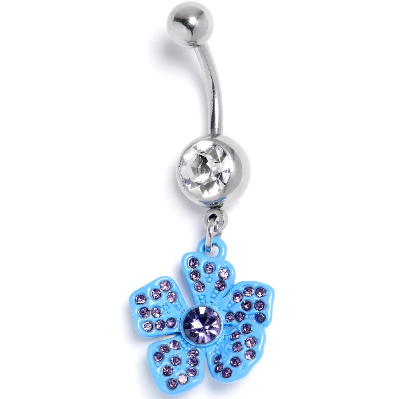 Belly Rings with Unique Gemstones for Stunning Effect -Clear Purple Gem Flower Blue Bloom Dangle Belly Ring Belly Rings with Unique Gemstones for Stunning Effect -Clear Purple Gem Flower Blue Bloom Dangle Belly Ring