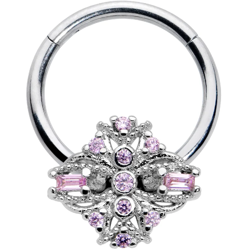 Comfortable and Fashionable Nose Rings -16 Gauge 3/8 Pink Gem Opulent Cross Hinged Segment Ring