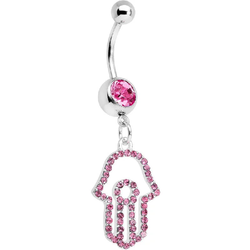 Comfortable Belly Rings for Elegant Comfort -Pink Paved Hamsa Hand Dangle Belly Ring Comfortable Belly Rings for Elegant Comfort -Pink Paved Hamsa Hand Dangle Belly Ring