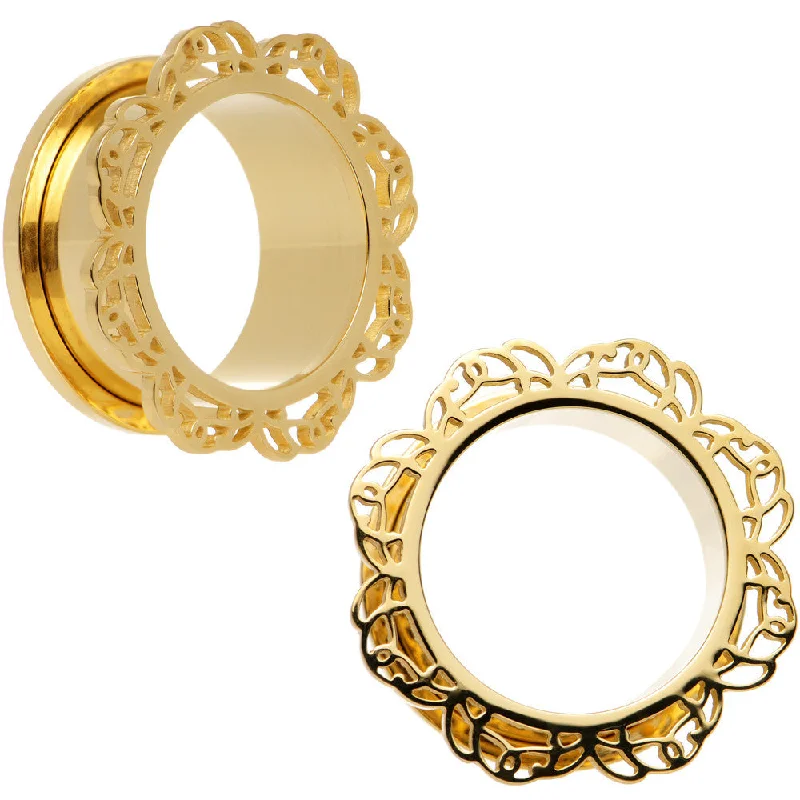 Women's Earrings – Elegant Designs for Every Personality--7/8 Gold PVD Filigree Flower Screw Fit Tunnel Plug Set Women's Earrings – Elegant Designs for Every Personality--7/8 Gold PVD Filigree Flower Screw Fit Tunnel Plug Set