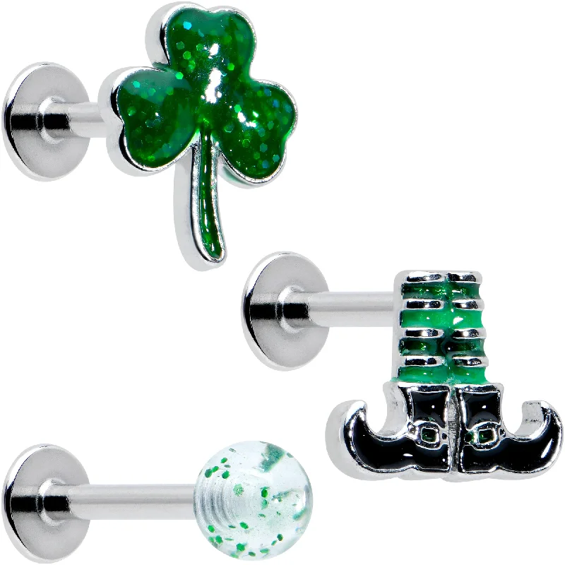 Women's Earrings – Elegant Designs for Every Personality--16 Gauge 1/4 Leprechaun Legs Shamrock UV Glow Labret Set of 3 Women's Earrings – Elegant Designs for Every Personality--16 Gauge 1/4 Leprechaun Legs Shamrock UV Glow Labret Set of 3