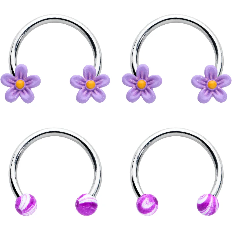Comfortable Lip Rings with Sparkling Detail16 Gauge 3/8 Purple Ball Flowers Horseshoe Circular Barbell Set of 4