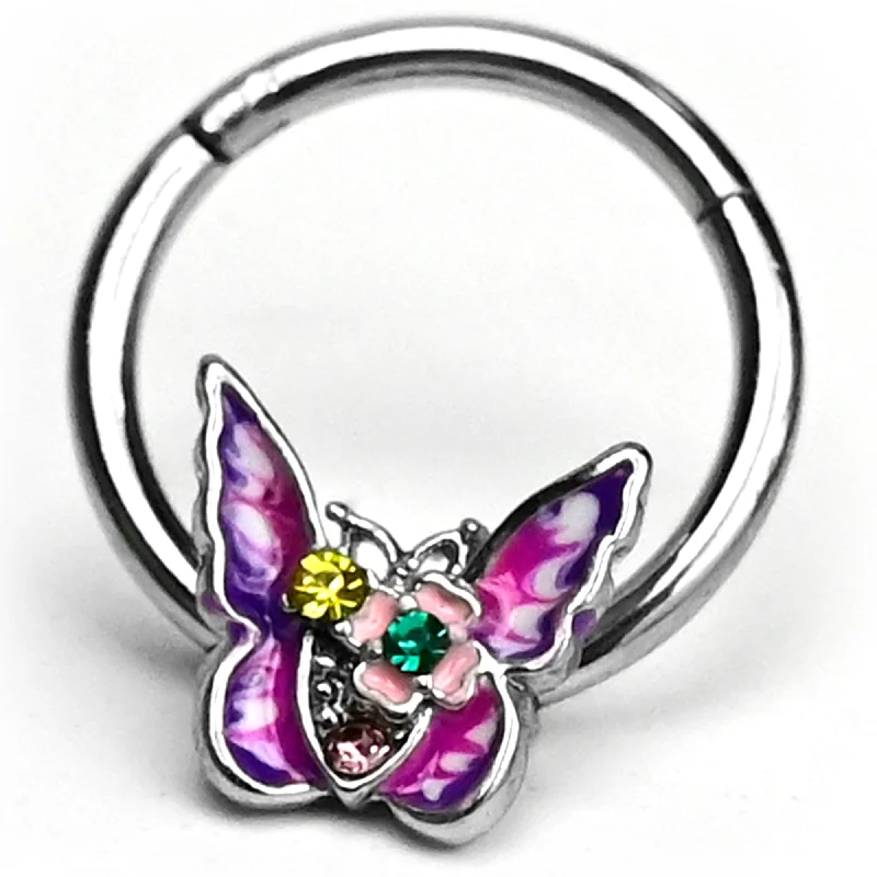Trendy Lip Rings with Subtle Beauty16 Gauge 3/8 Green Yellow Gem Exotic Butterfly Hinged Segment Ring