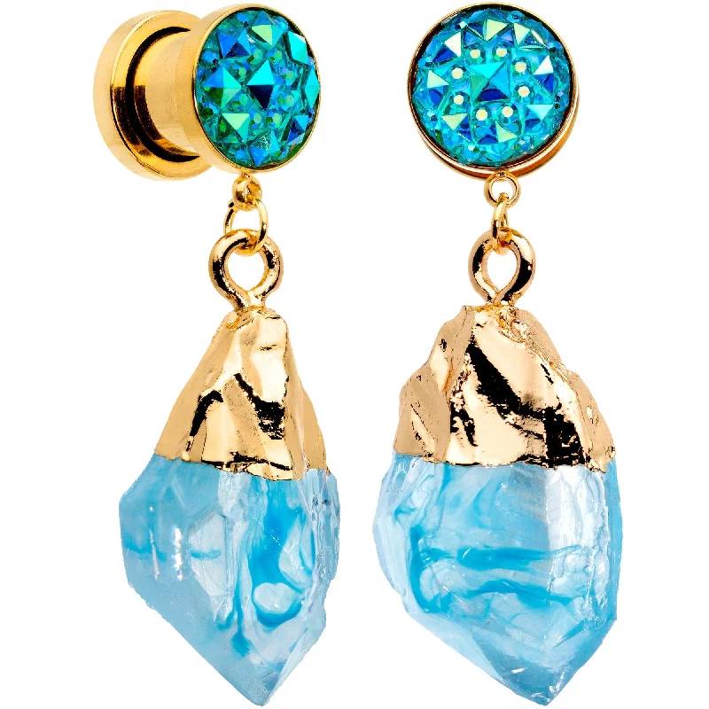 Women's Earrings – Elegant Designs for Every Personality--Blue Faux Druzy Quartz Gold Tone Dangle Screw Fit Plug Set 8mm to 16mm Women's Earrings – Elegant Designs for Every Personality--Blue Faux Druzy Quartz Gold Tone Dangle Screw Fit Plug Set 8mm to 16mm