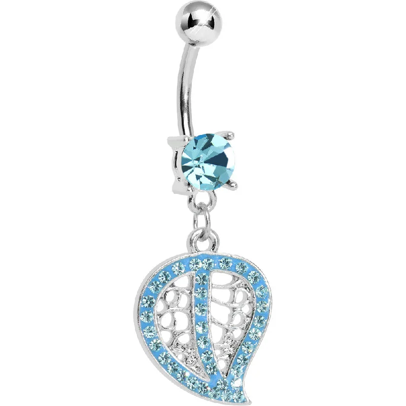 Belly Rings for Bold Fashion Statements -Aqua Gem Paved Hollow Leaf Dangle Belly Ring Belly Rings for Bold Fashion Statements -Aqua Gem Paved Hollow Leaf Dangle Belly Ring