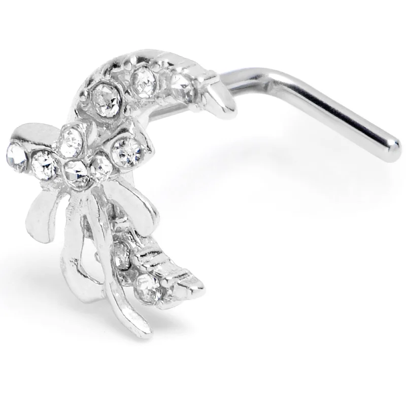Nose Rings for Occasional Wear -20 Gauge 1/4 Clear CZ Gem Bow Moon L Shape Nose Ring Nose Rings for Occasional Wear -20 Gauge 1/4 Clear CZ Gem Bow Moon L Shape Nose Ring