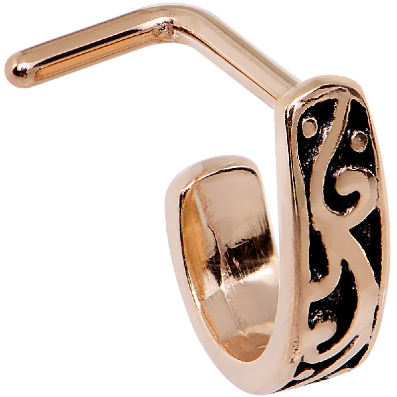 Elegant Nose Rings with Gemstone Finishes -18 Gauge Rose Gold PVD Swirl Deco Faux Hoop L Shaped Nose Ring Elegant Nose Rings with Gemstone Finishes -18 Gauge Rose Gold PVD Swirl Deco Faux Hoop L Shaped Nose Ring