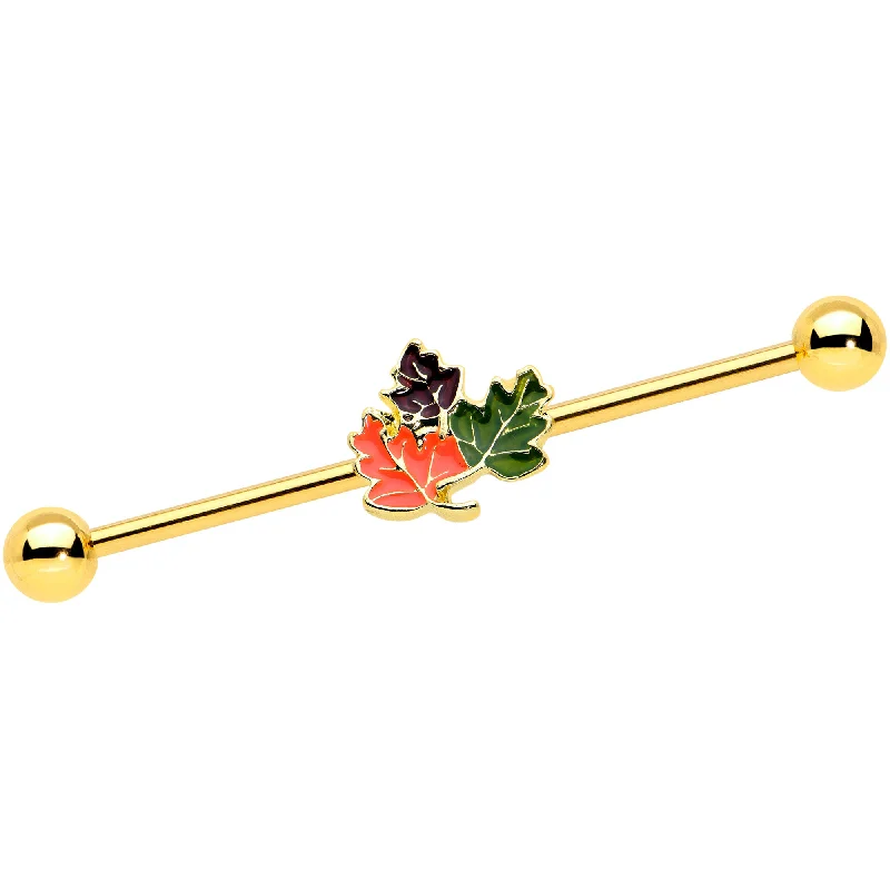Women's Earrings – Elegant Designs for Every Personality--14 Gauge Gold Tone Lovely Autumn Leaf Trio Industrial Barbell 38mm