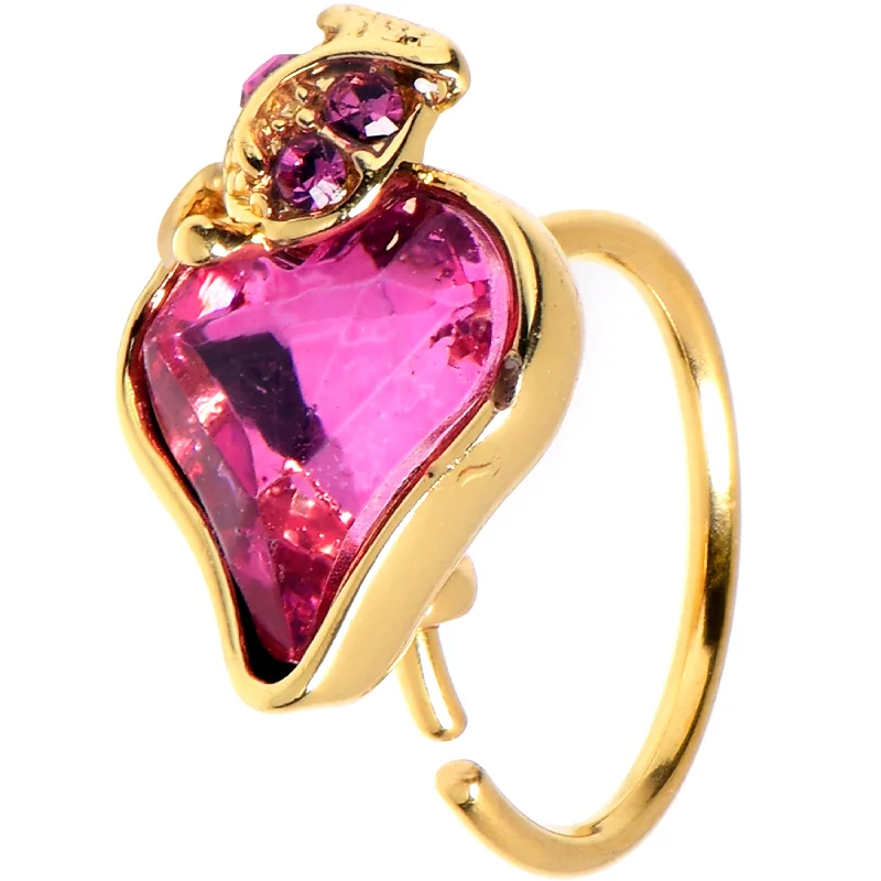 Diamond-Studded Nose Rings -20 Gauge 5/16 Pink Gem Gold Tone Strawberry Love Nose Hoop