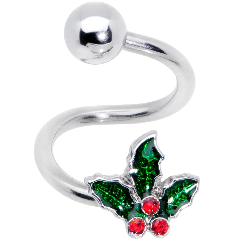 Custom Belly Rings with Personalized Designs -Red Gem Holly Berry Holiday Christmas Spiral Twister Belly Ring Custom Belly Rings with Personalized Designs -Red Gem Holly Berry Holiday Christmas Spiral Twister Belly Ring