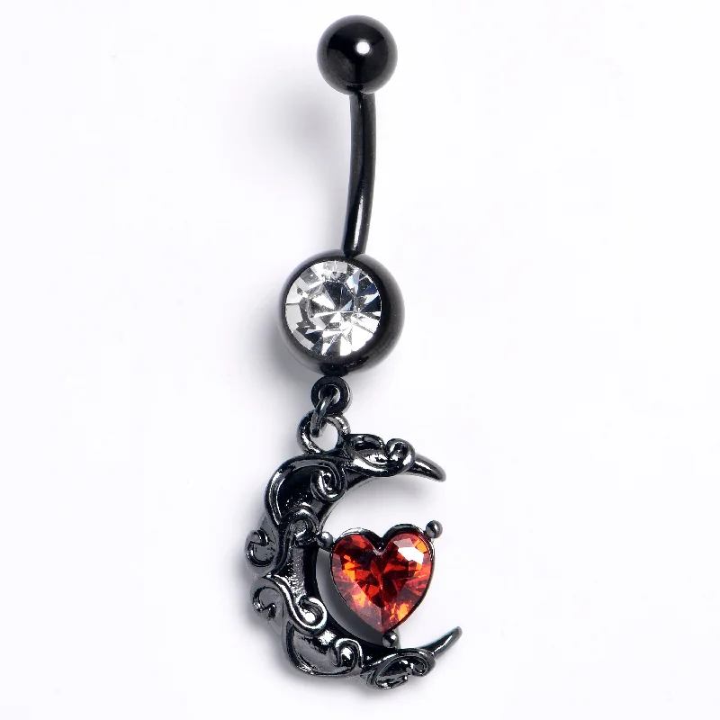 Belly Rings with Colorful Stones for Bold Fashion -Clear Red Gem Black Heart Scroll Moon Dangle Belly Ring Belly Rings with Colorful Stones for Bold Fashion -Clear Red Gem Black Heart Scroll Moon Dangle Belly Ring