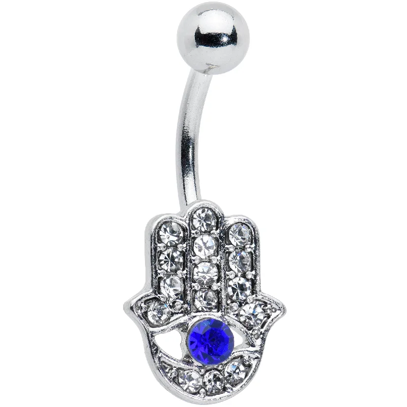 Comfortable Belly Rings for Daily Wear -Clear Blue Gem Eye Hamsa Hand Belly Ring